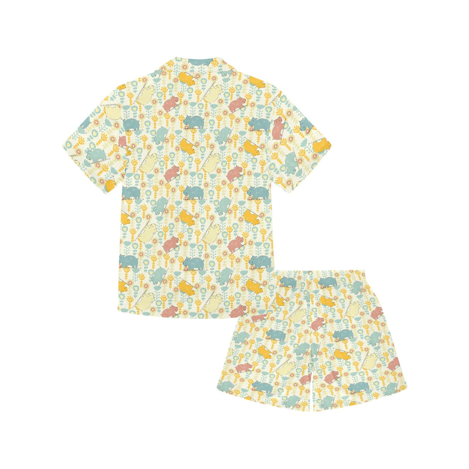 Hippopotamus Pattern Print Design 04 Kids' Boys' Girls' V-Neck Short Pajama Set