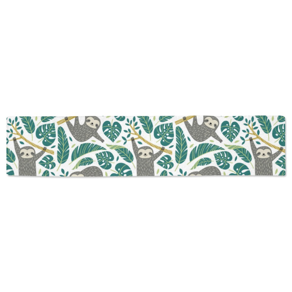 Cute sloths tropical palm leaves white background Table Runner