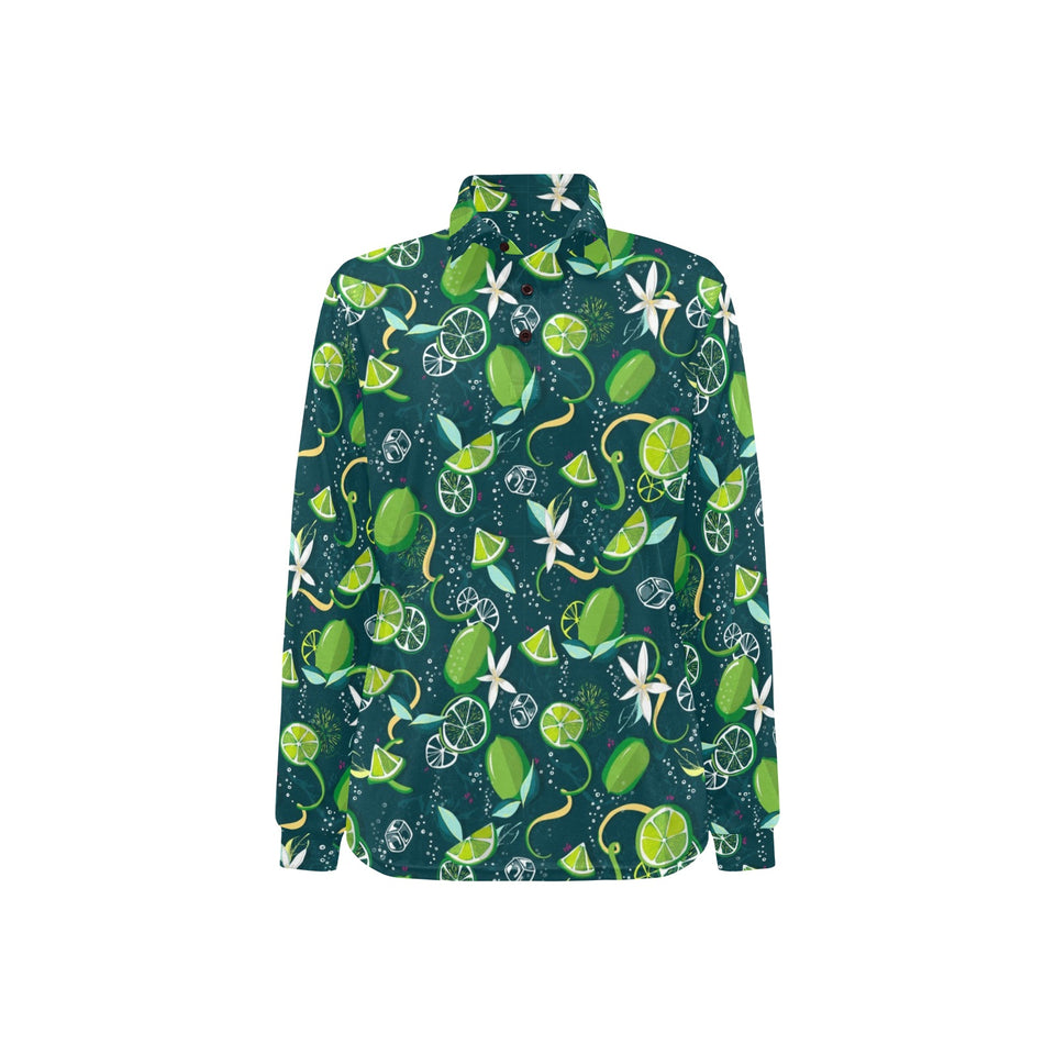 Lime ice flower pattern Women's Long Sleeve Polo Shirt