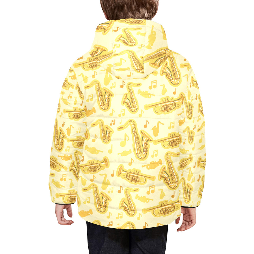 Saxophone cornet pattern yellow background Kids' Boys' Girls' Padded Hooded Jacket