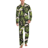 White orchid flower tropical leaves pattern blackg Men's Long Pajama Set