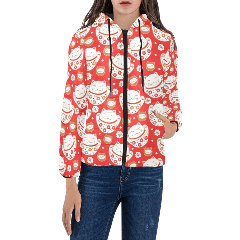 Cute Maneki neko cat red background Women's Padded Hooded Jacket
