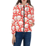 Cute Maneki neko cat red background Women's Padded Hooded Jacket