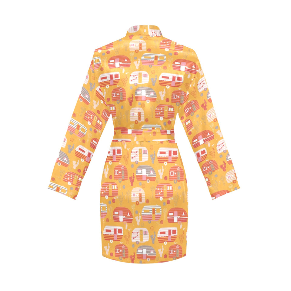 Camper Van Pattern Print Design 04 Women's Long Sleeve Belted Night Robe