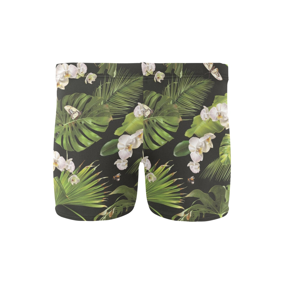 White orchid flower tropical leaves pattern blackg Men's Swimming Trunks