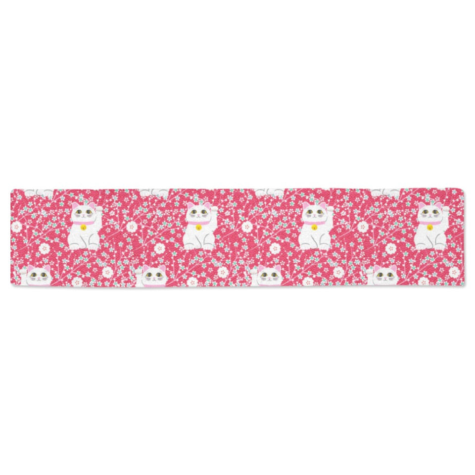 Maneki neko cat sakura pink background Table Runner