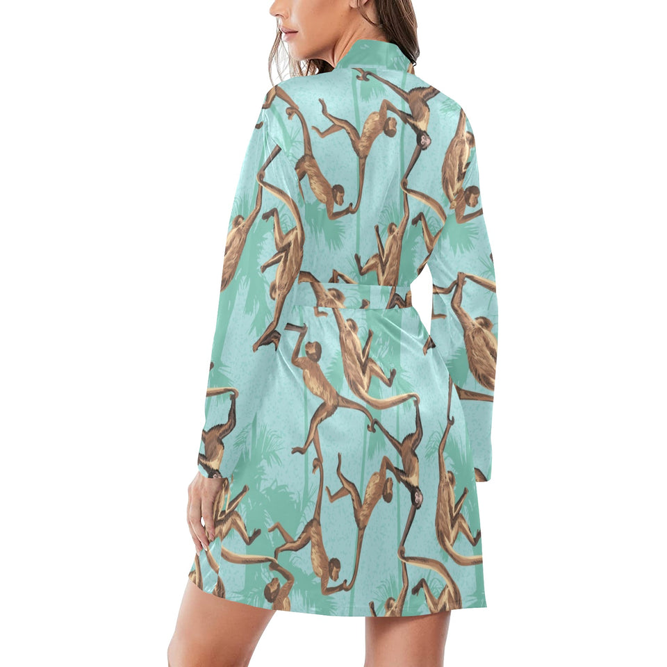 Monkey Palm tree background Women's Long Sleeve Belted Night Robe