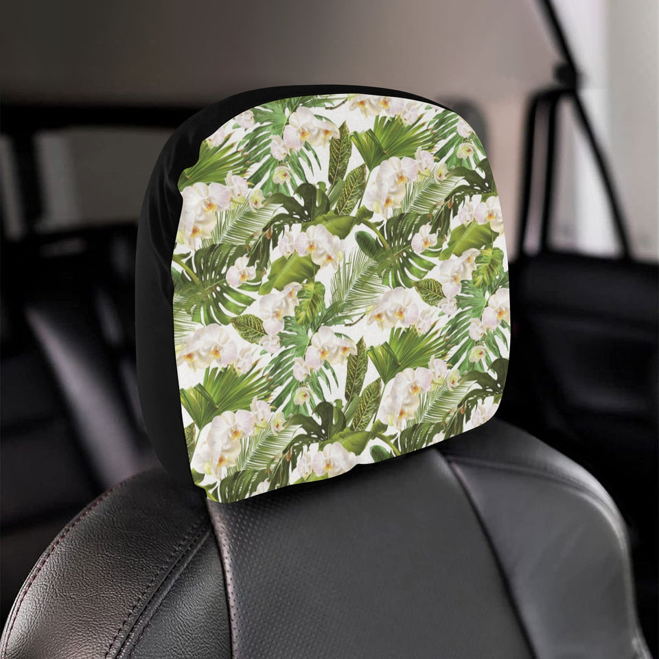 White orchid flower tropical leaves pattern Car Headrest Cover