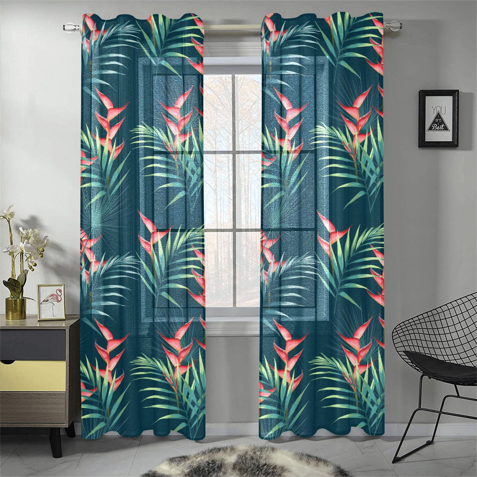 heliconia flowers, palm and monstera leaves on bla Gauze Curtain