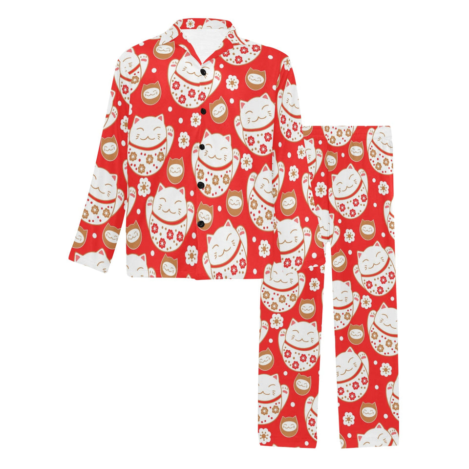 Cute Maneki neko cat red background Men's Long Pajama Set