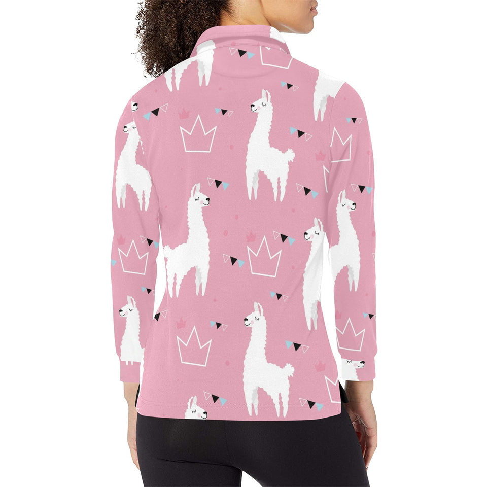 Llama Alpaca pink background Women's Long Sleeve Polo Shirt