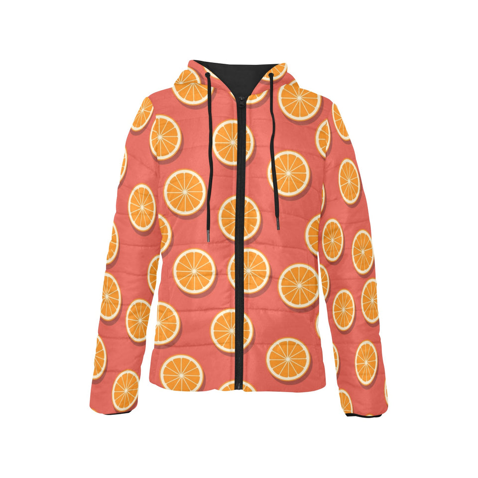 Oranges pattern red background Women's Padded Hooded Jacket
