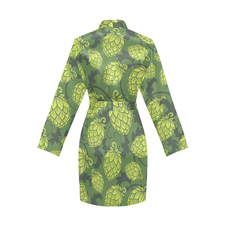 Hop pattern Hop cone background Women's Long Sleeve Belted Night Robe