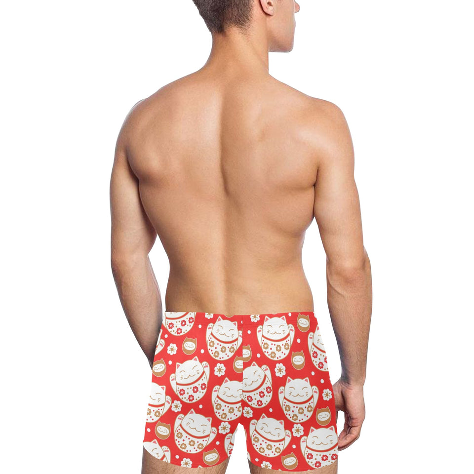 Cute Maneki neko cat red background Men's Swimming Trunks