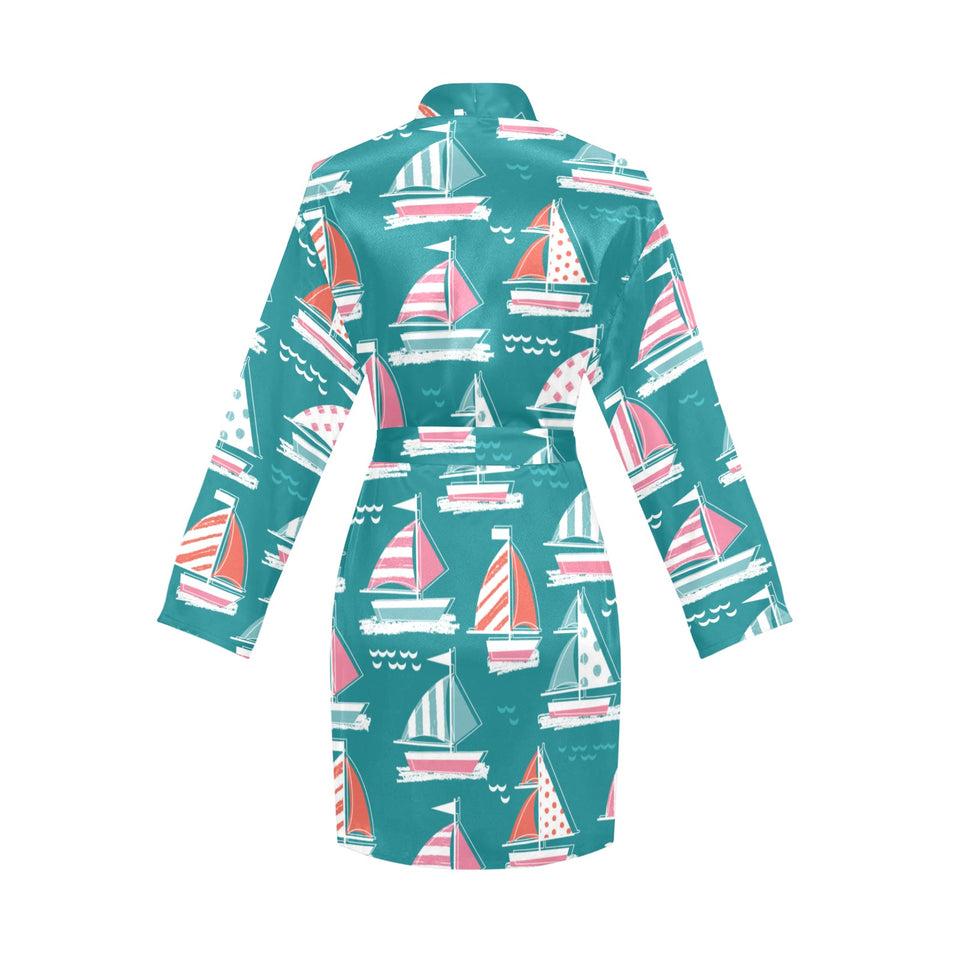 Cute sailboat pattern Women's Long Sleeve Belted Night Robe