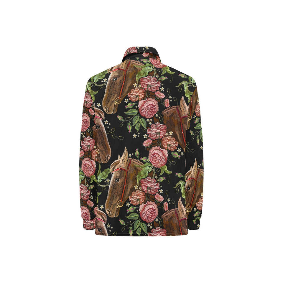 Horse head wild roses pattern Women's Long Sleeve Polo Shirt