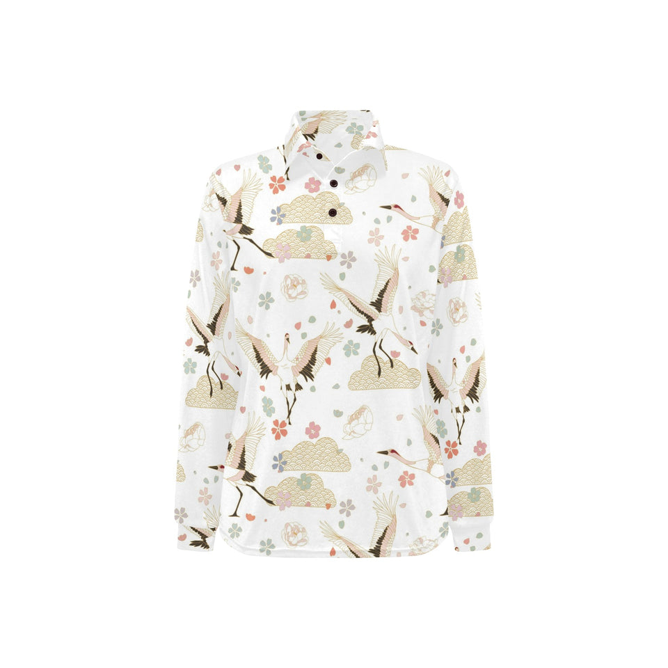 Beautiful Japanese cranes pattern Women's Long Sleeve Polo Shirt