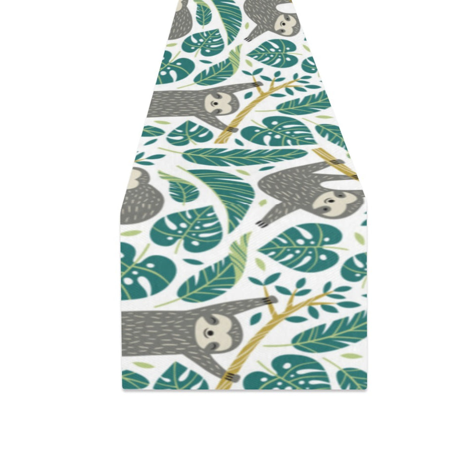 Cute sloths tropical palm leaves white background Table Runner