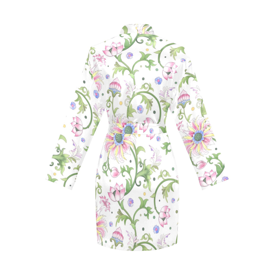 Beautiful pink lotus waterlily leaves pattern Women's Long Sleeve Belted Night Robe
