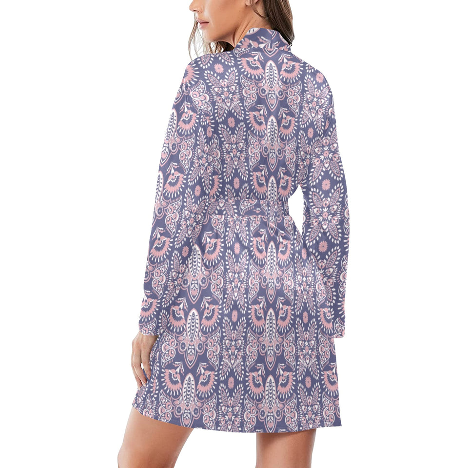 Indian Batik Style pattern Women's Long Sleeve Belted Night Robe