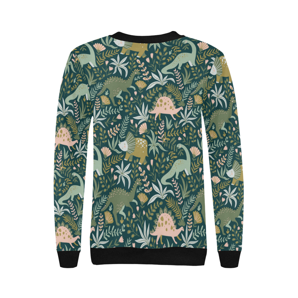 dinosaurs tropical leaves flower pattern Women's Crew Neck Sweatshirt