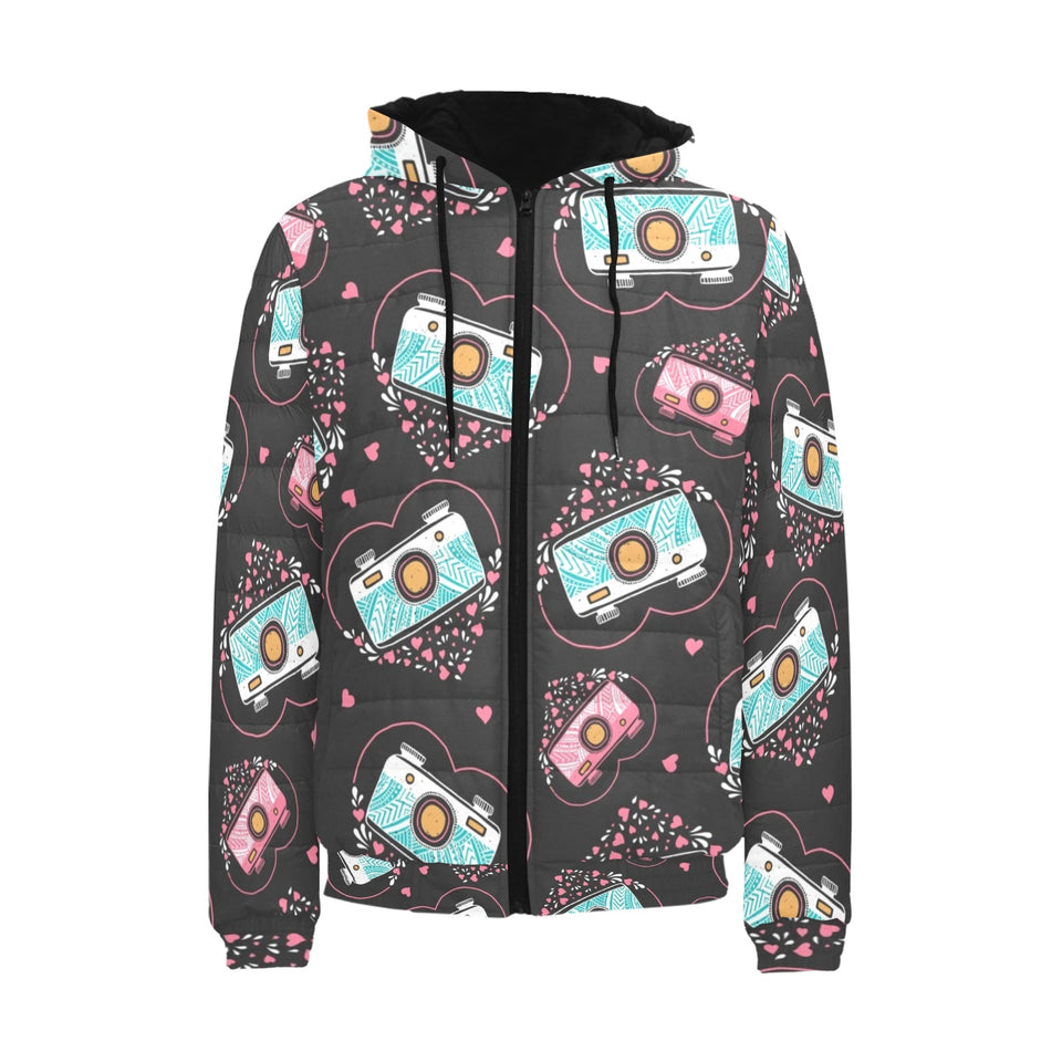 Camera Pattern Print Design 04 Men's Padded Hooded Jacket