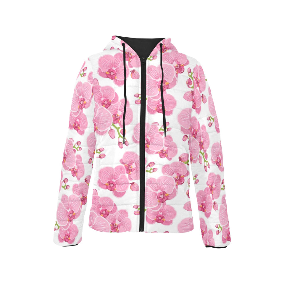 pink purple orchid pattern background Women's Padded Hooded Jacket