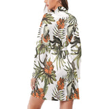 Monkey red hibiscus flower palm leaves floral patt Women's Long Sleeve Belted Night Robe