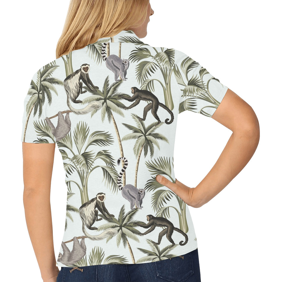 Monkey sloth lemur palm trees pattern Women's All Over Print Polo Shirt