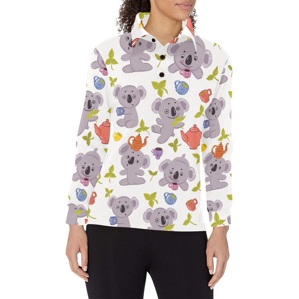Cute koalas teapots tea Women's Long Sleeve Polo Shirt
