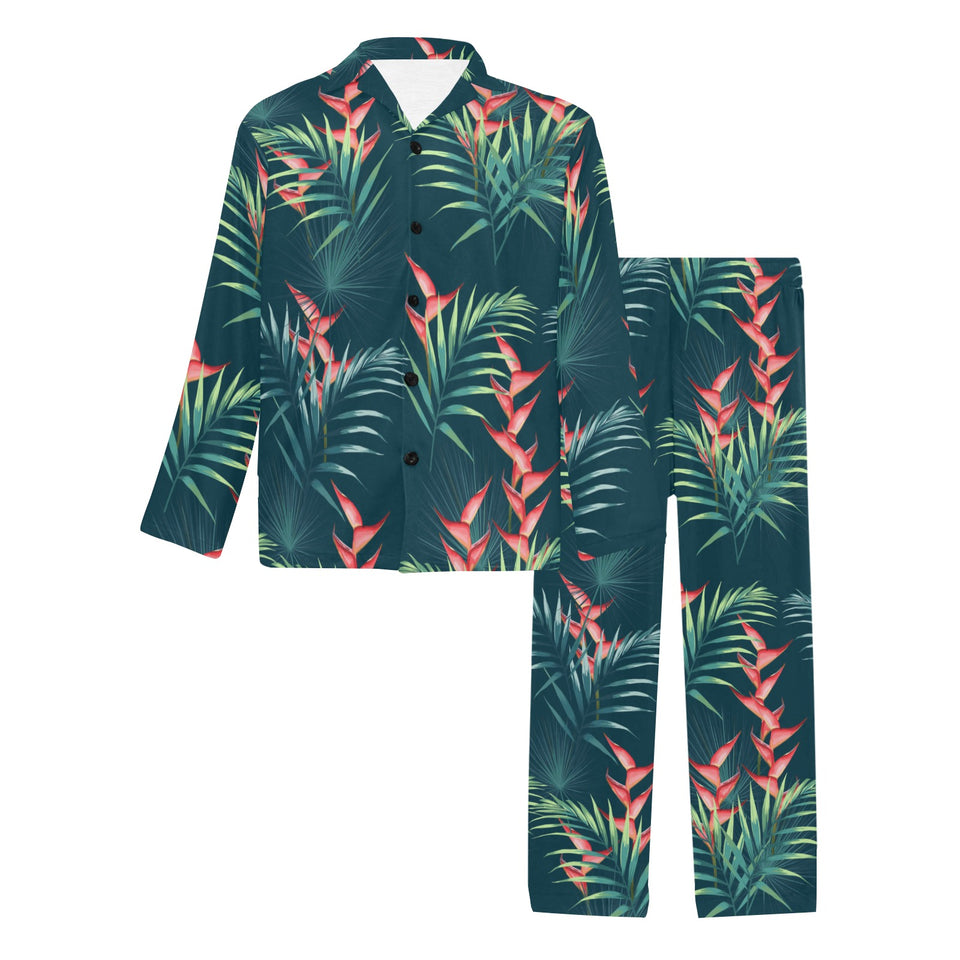 heliconia flowers, palm and monstera leaves on bla Men's Long Pajama Set