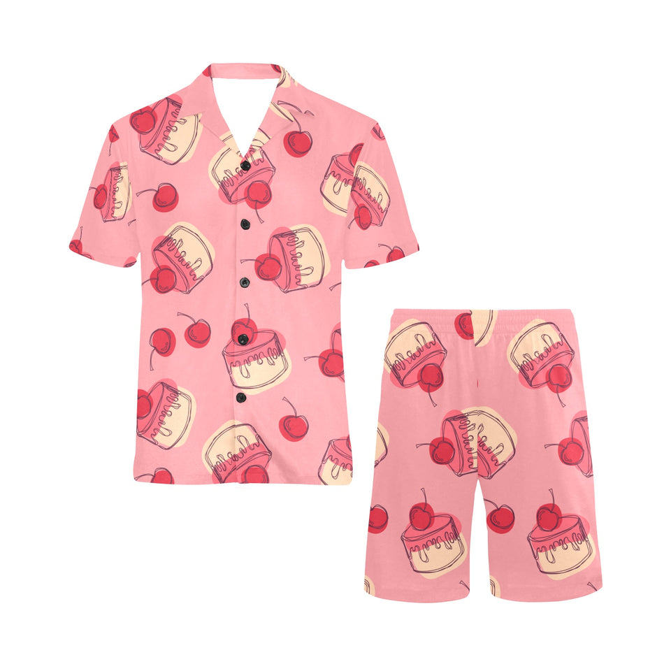 Cake cherry pattern Men's V-Neck Short Pajama Set