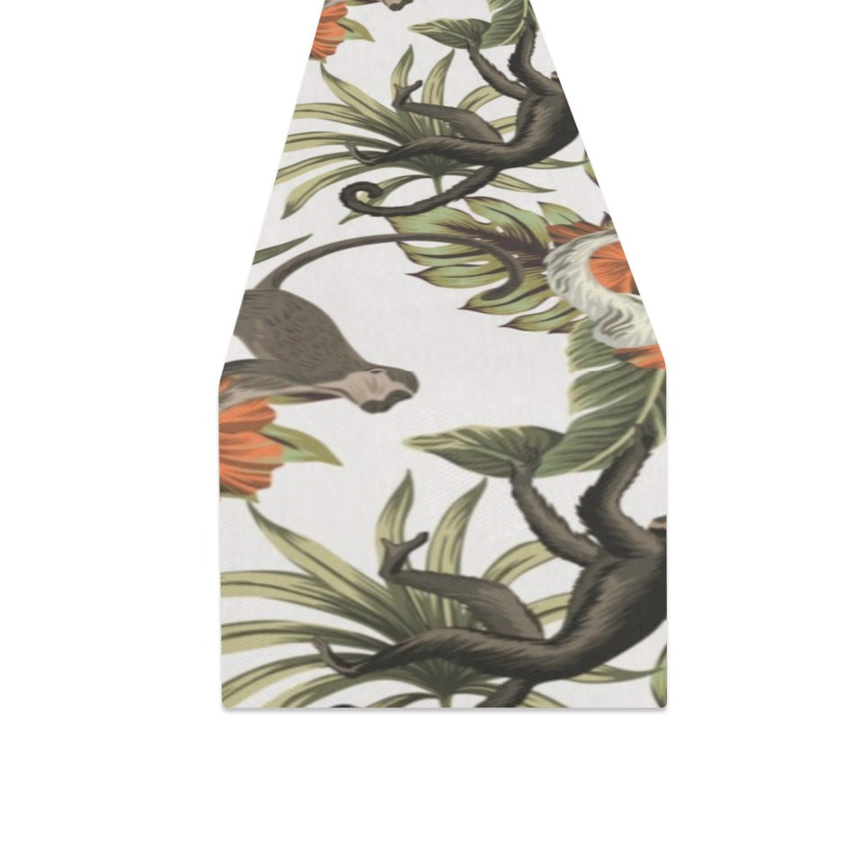 Monkey red hibiscus flower palm leaves floral patt Table Runner