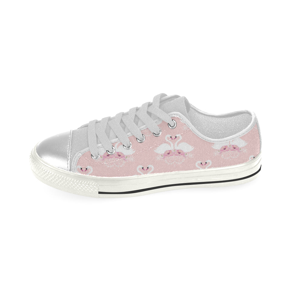 White swan and flower love pattern Women's Low Top Canvas Shoes White