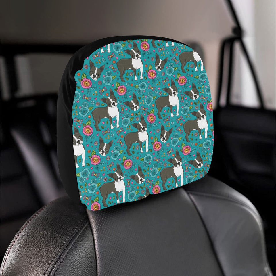 Boston terrier beautiful flower pattern Car Headrest Cover