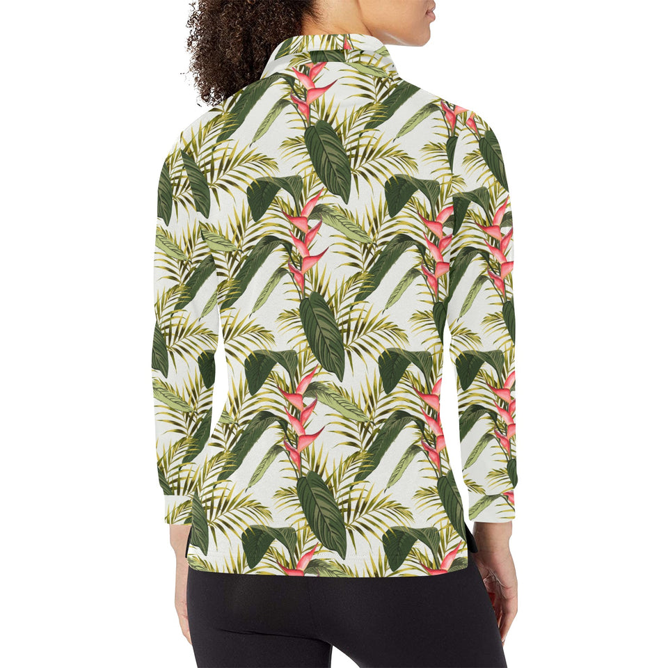heliconia pattern Women's Long Sleeve Polo Shirt