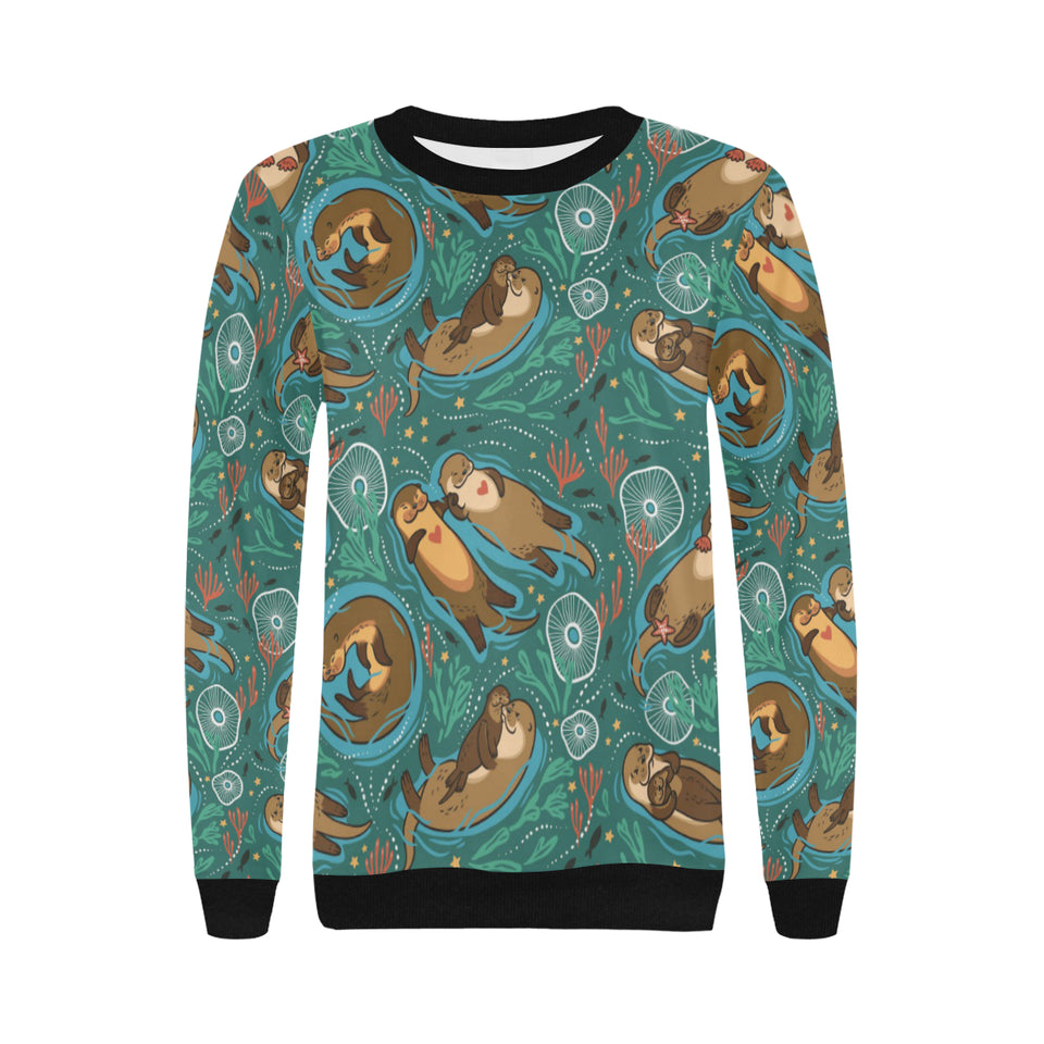 cute brown sea otters ornamental seaweed corals gr Women's Crew Neck Sweatshirt