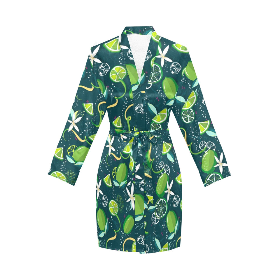 Lime ice flower pattern Women's Long Sleeve Belted Night Robe
