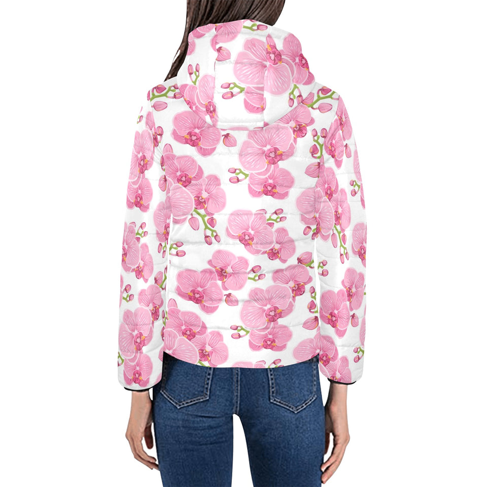 pink purple orchid pattern background Women's Padded Hooded Jacket