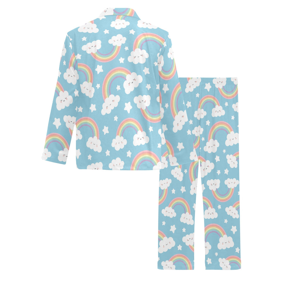 Cute rainbow clound star pattern blue background Men's Long Pajama Set