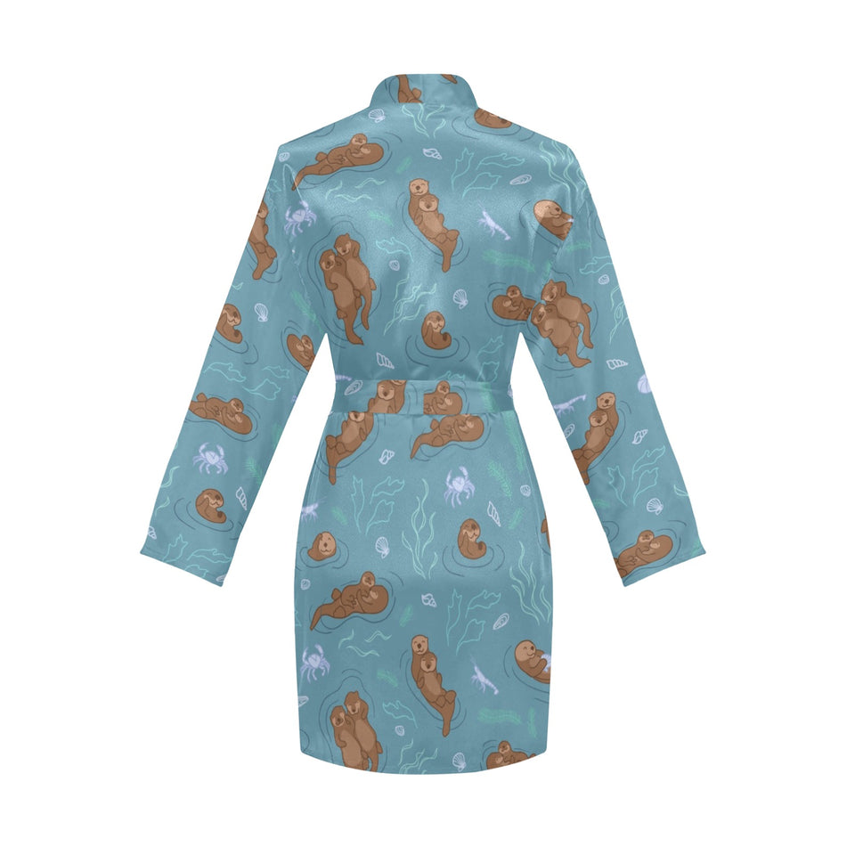 Sea otters pattern Women's Long Sleeve Belted Night Robe