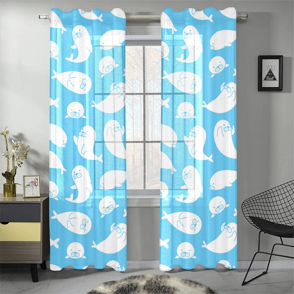 Cute white sea lion seals pattern Gauze Curtain