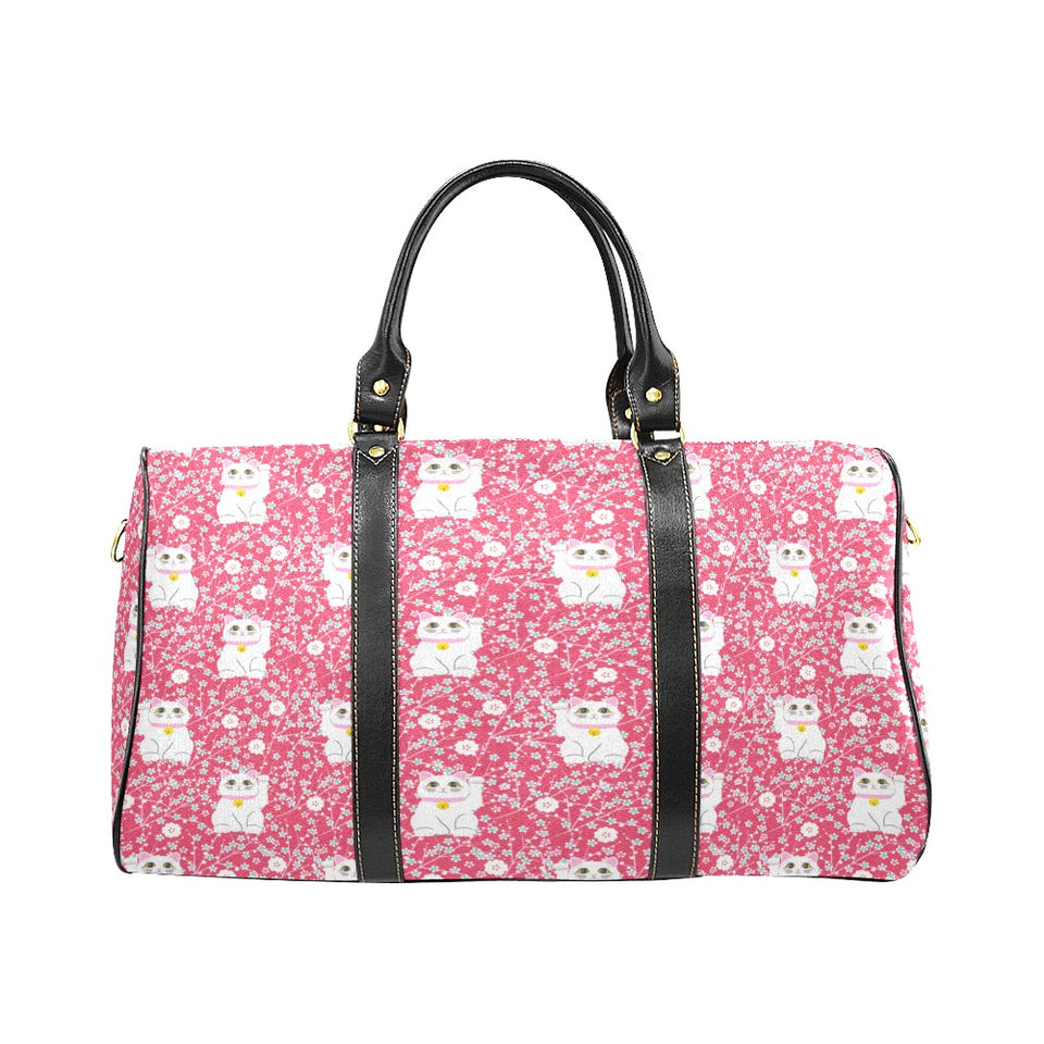 Maneki neko cat sakura pink background Travel Bag