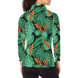 heliconia flower palm monstera leaves black backgr Women's Long Sleeve Polo Shirt