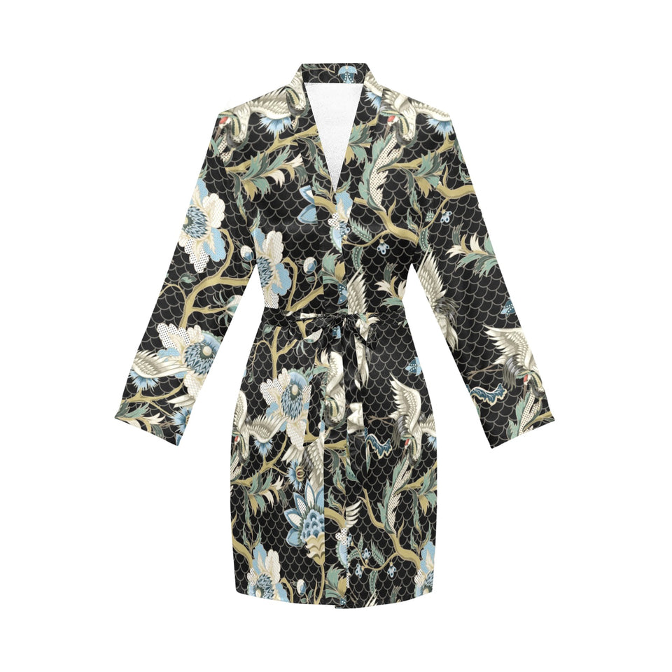 Japanese crane ornament elements Women's Long Sleeve Belted Night Robe