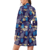 Blue japanese pattern cloud wave flower Women's Long Sleeve Belted Night Robe