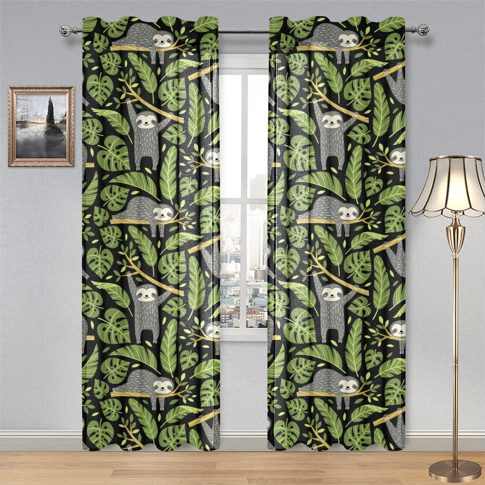 Cute sloths tropical palm leaves black background Gauze Curtain
