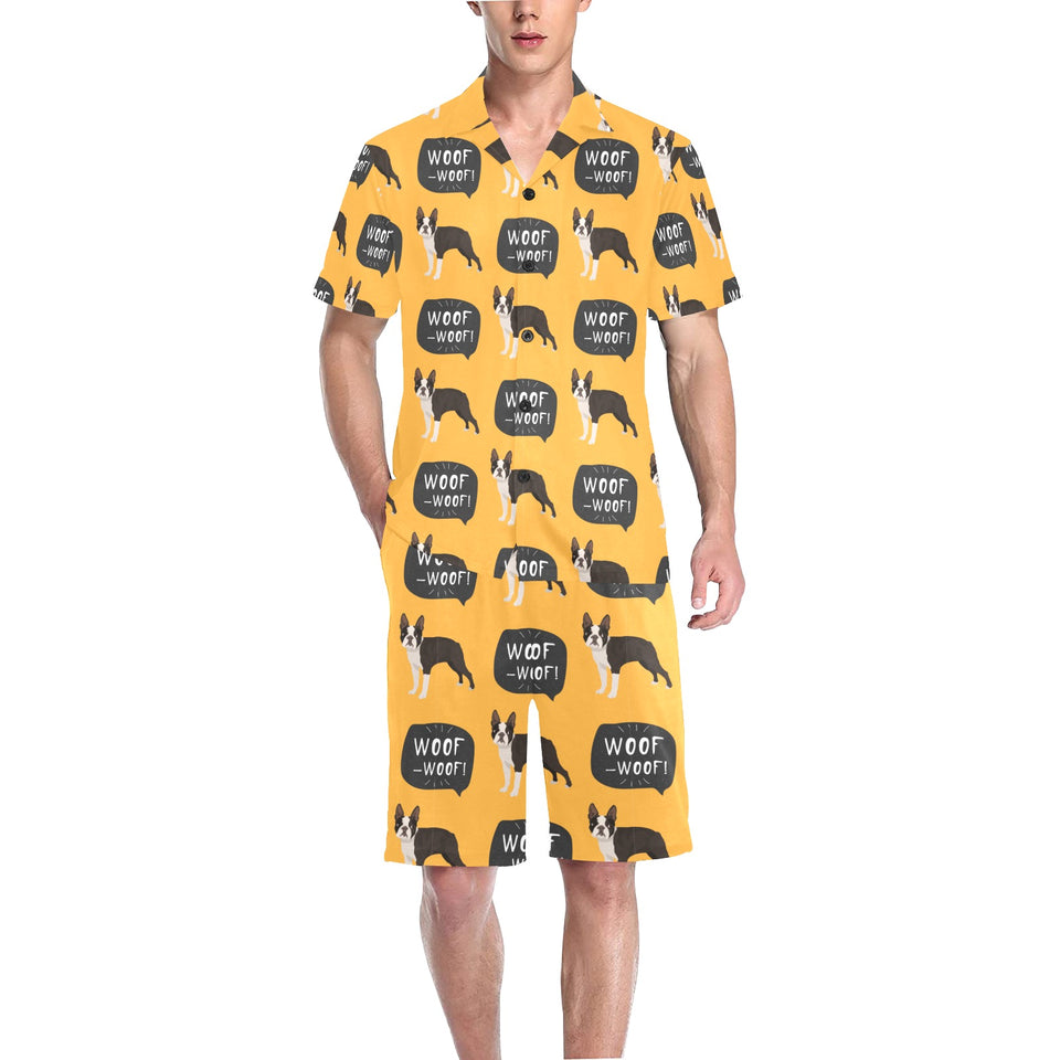 Boston terrier design pattern Men's V-Neck Short Pajama Set