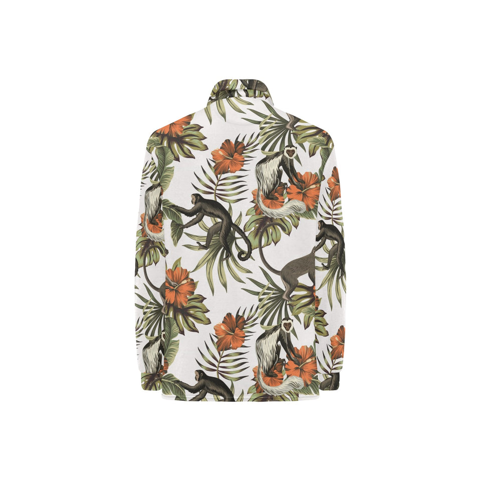 Monkey red hibiscus flower palm leaves floral patt Women's Long Sleeve Polo Shirt