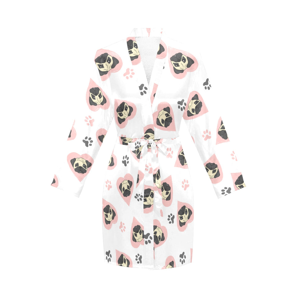 Cute pugs pink heart paw pattern Women's Long Sleeve Belted Night Robe
